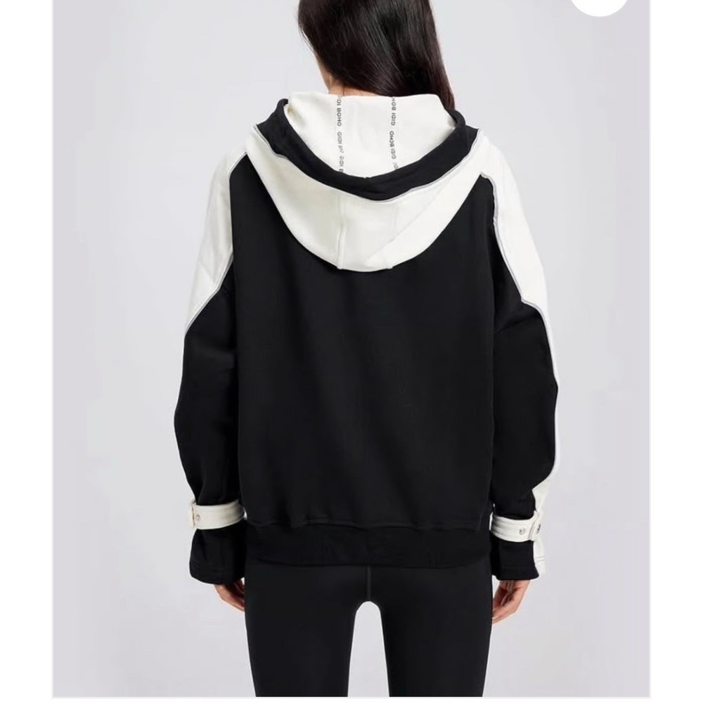 GIDI BOHO Womens Full Zip Hoodie Black White Colorblock Sweatshirt‎ Size Large - Picture 2 of 6